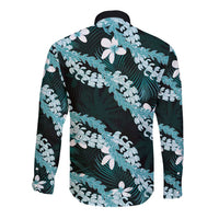 Puakenikeni Maile Lei Long Sleeve Button Shirt Frangipani Turquoise Tropical Leaves