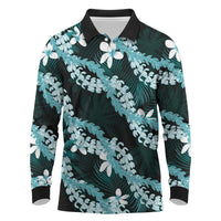 Puakenikeni Maile Lei Long Sleeve Polo Shirt Frangipani Turquoise Tropical Leaves