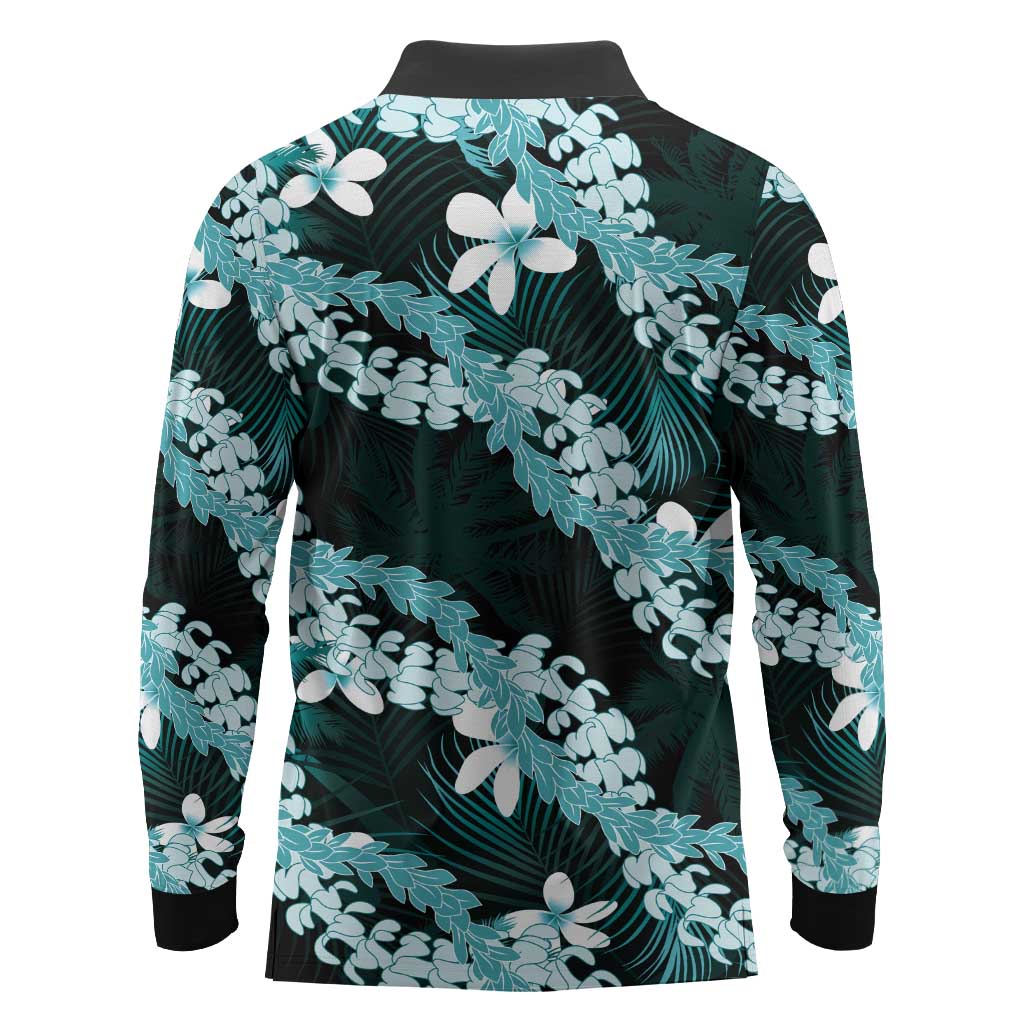 Puakenikeni Maile Lei Long Sleeve Polo Shirt Frangipani Turquoise Tropical Leaves