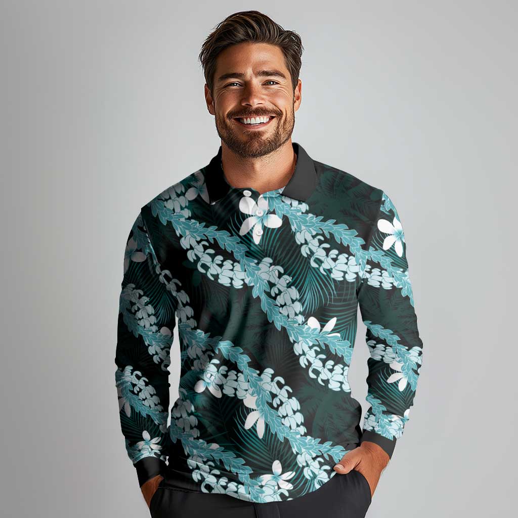 Puakenikeni Maile Lei Long Sleeve Polo Shirt Frangipani Turquoise Tropical Leaves