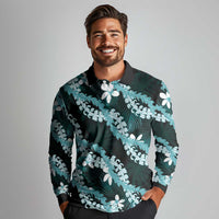 Puakenikeni Maile Lei Long Sleeve Polo Shirt Frangipani Turquoise Tropical Leaves