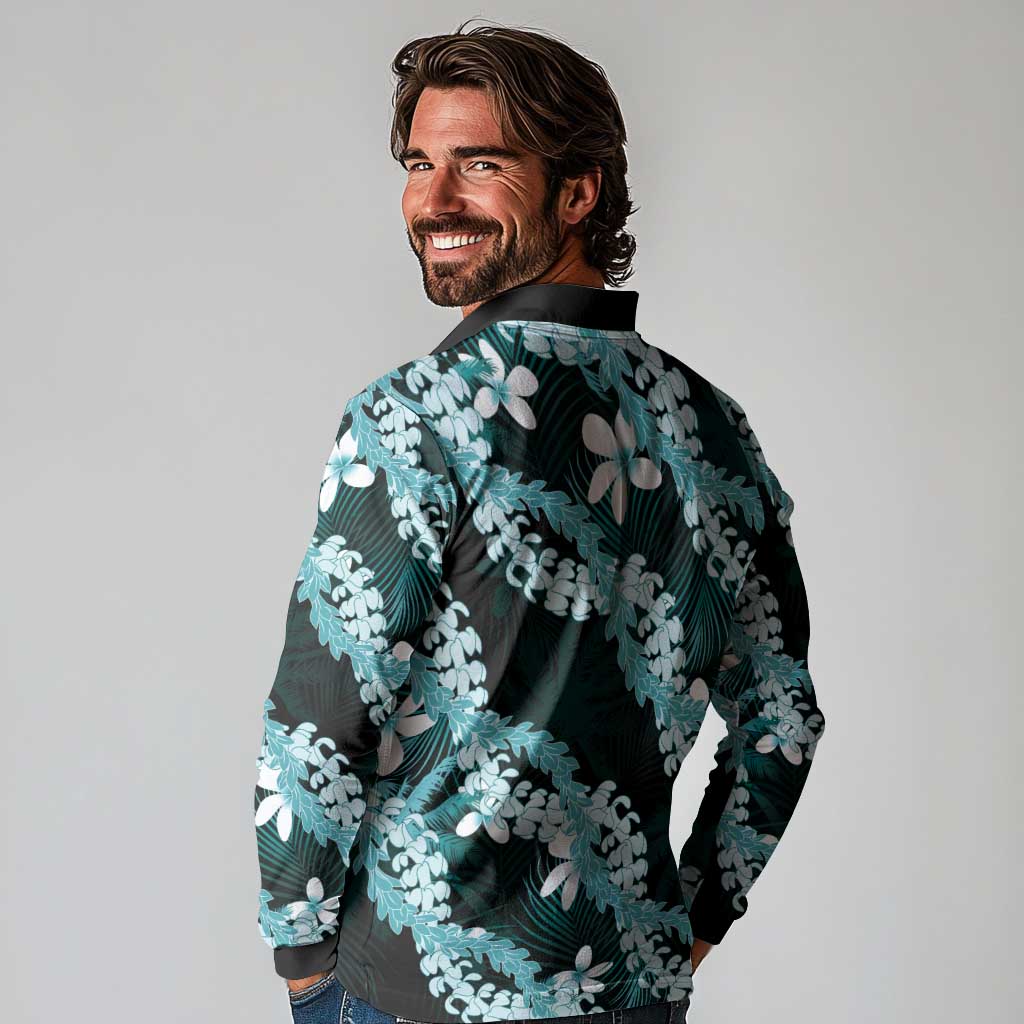 Puakenikeni Maile Lei Long Sleeve Polo Shirt Frangipani Turquoise Tropical Leaves