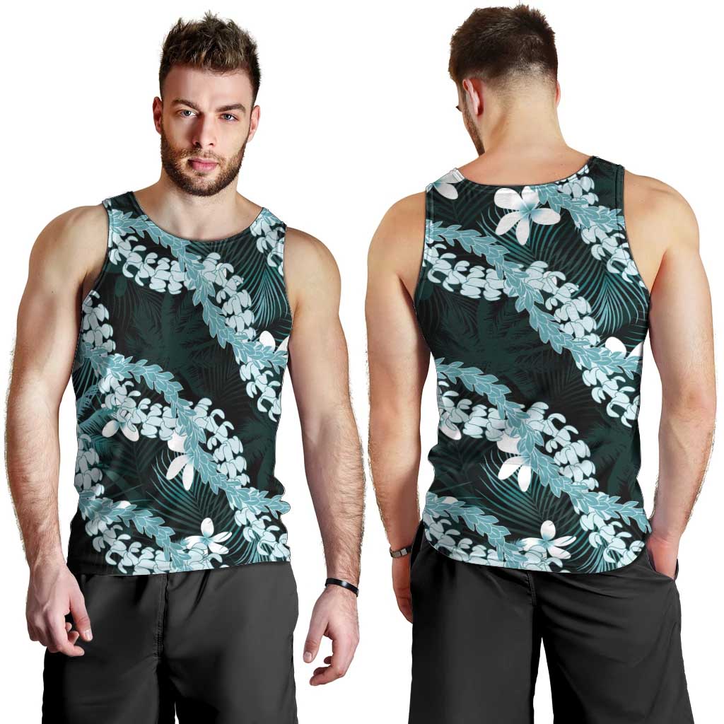 Puakenikeni Maile Lei Men Tank Top Frangipani Turquoise Tropical Leaves