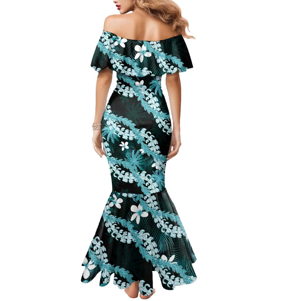 Puakenikeni Maile Lei Mermaid Dress Frangipani Turquoise Tropical Leaves