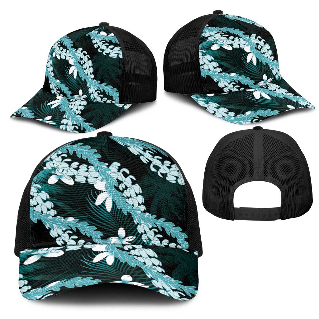 Puakenikeni Maile Lei Mesh Trucker Cap Frangipani Turquoise Tropical Leaves LT01 - Polynesian Pride