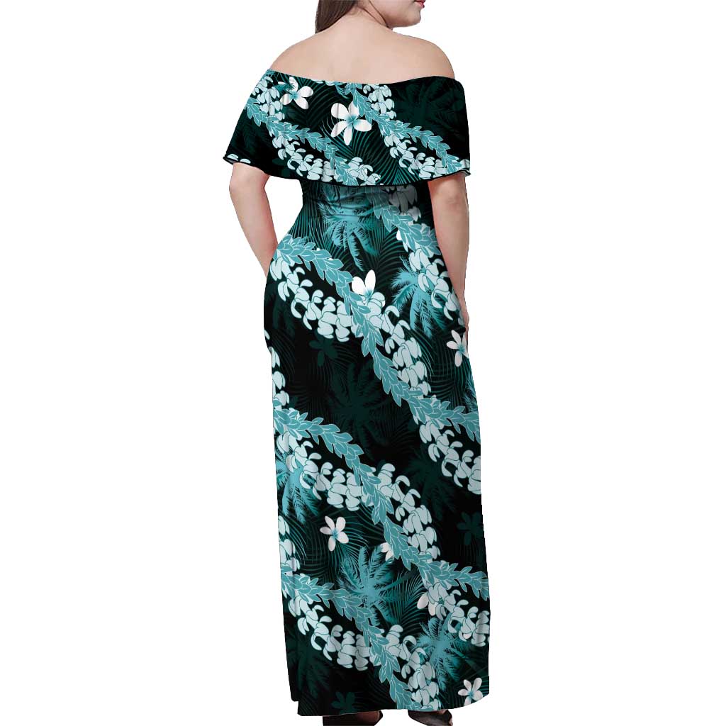 Puakenikeni Maile Lei Off Shoulder Maxi Dress Frangipani Turquoise Tropical Leaves LT01 - Polynesian Pride