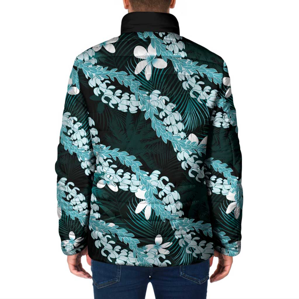 Puakenikeni Maile Lei Padded Jacket Frangipani Turquoise Tropical Leaves LT01 - Polynesian Pride