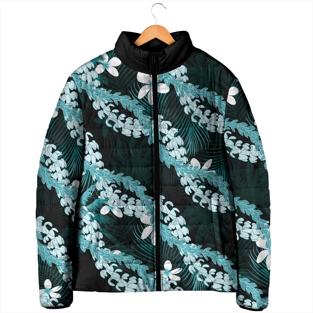 Puakenikeni Maile Lei Padded Jacket Frangipani Turquoise Tropical Leaves LT01 - Polynesian Pride
