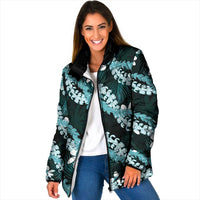 Puakenikeni Maile Lei Padded Jacket Frangipani Turquoise Tropical Leaves LT01 Women Turquoise - Polynesian Pride