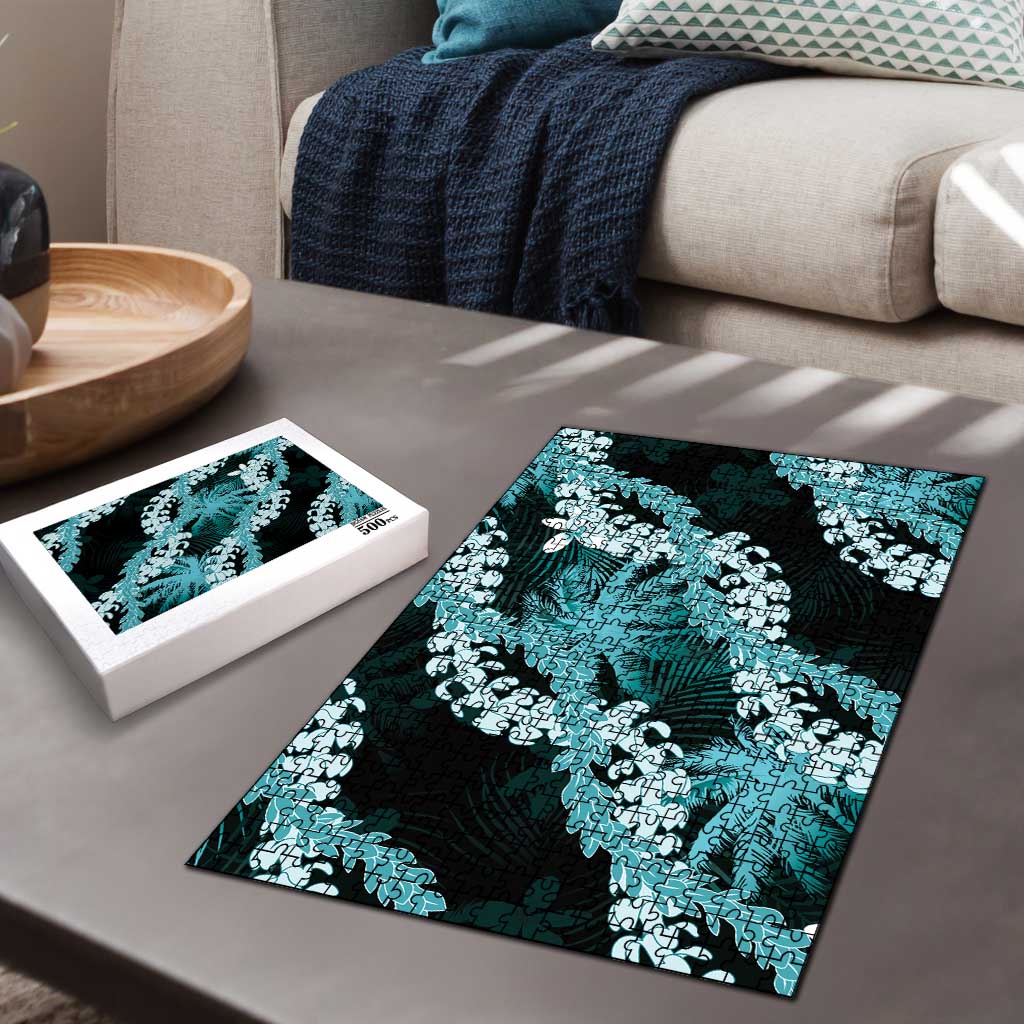 Puakenikeni Maile Lei Puzzle Frangipani Turquoise Tropical Leaves