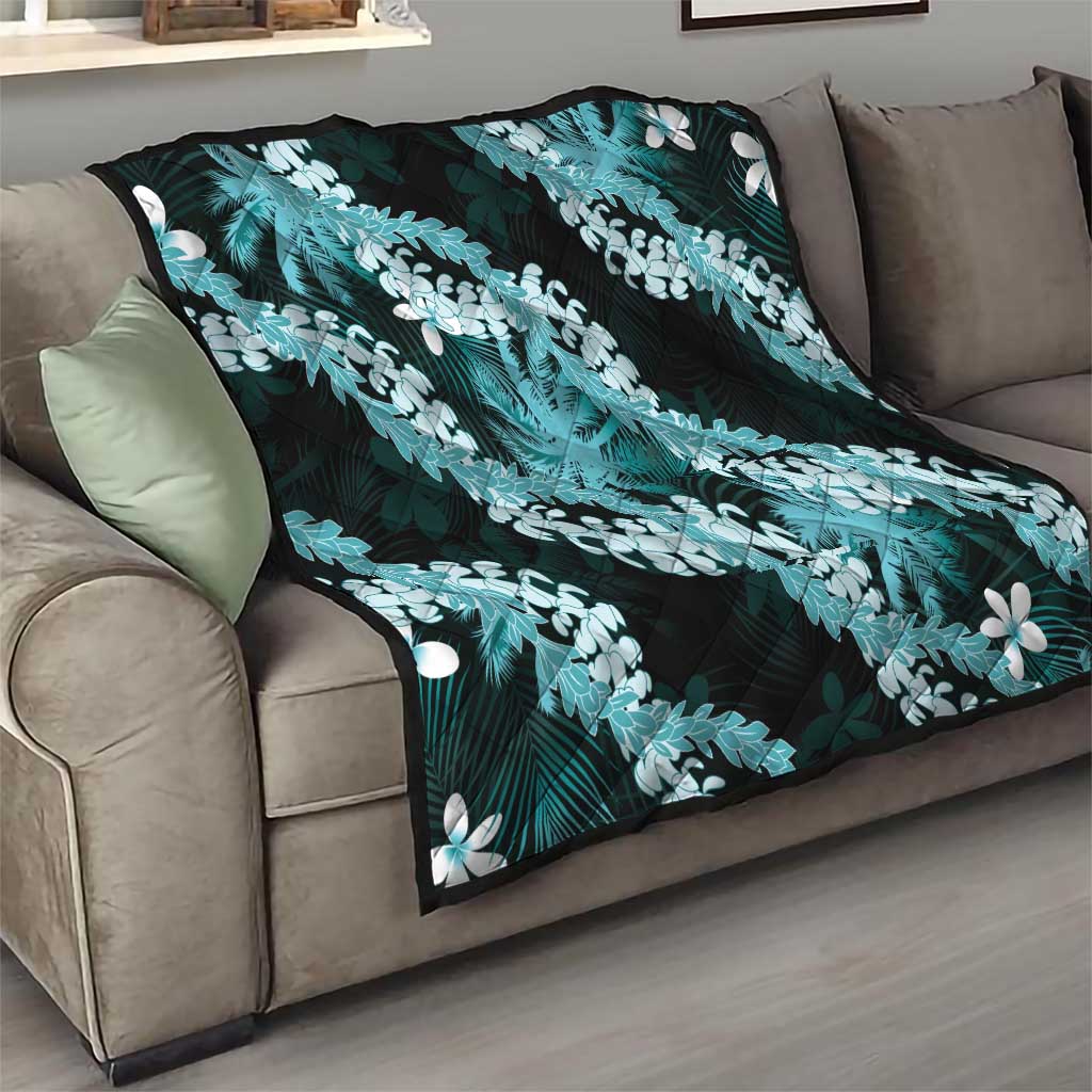 Puakenikeni Maile Lei Quilt Frangipani Turquoise Tropical Leaves