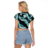 Puakenikeni Maile Lei Raglan Cropped T Shirt Frangipani Turquoise Tropical Leaves LT01 - Polynesian Pride