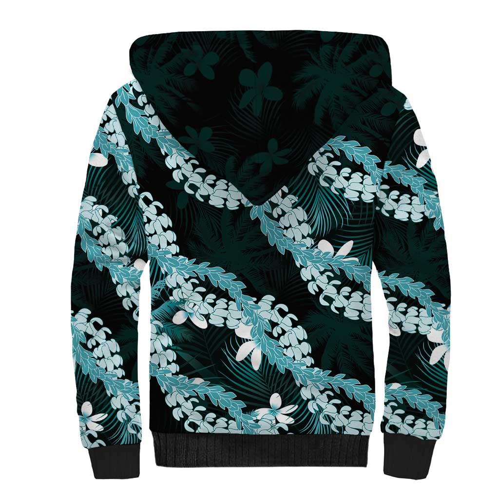 Puakenikeni Maile Lei Sherpa Hoodie Frangipani Turquoise Tropical Leaves
