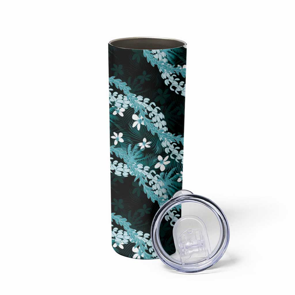 Puakenikeni Maile Lei Skinny Tumbler Frangipani Turquoise Tropical Leaves