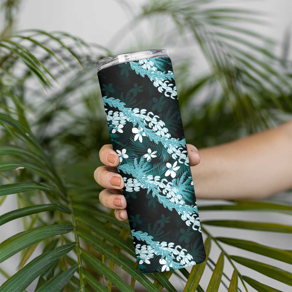 Puakenikeni Maile Lei Skinny Tumbler Frangipani Turquoise Tropical Leaves