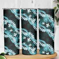 Puakenikeni Maile Lei Skinny Tumbler Frangipani Turquoise Tropical Leaves