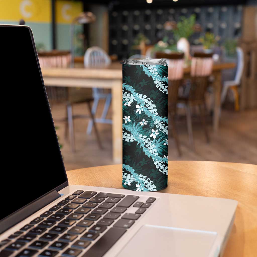 Puakenikeni Maile Lei Skinny Tumbler Frangipani Turquoise Tropical Leaves