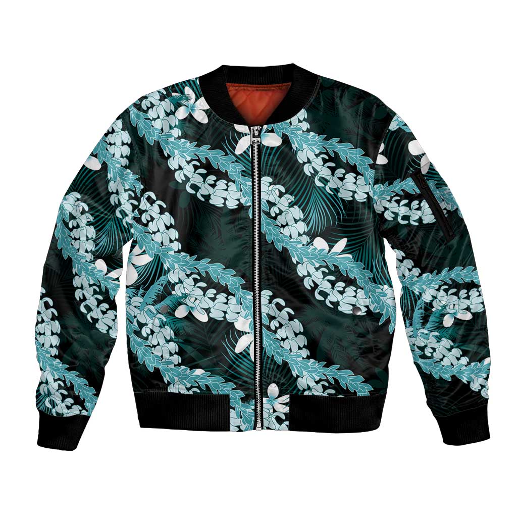 Puakenikeni Maile Lei Sleeve Zip Bomber Jacket Frangipani Turquoise Tropical Leaves