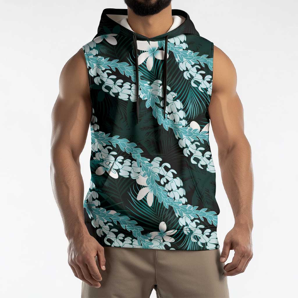 Puakenikeni Maile Lei Sleeveless Hoodie Frangipani Turquoise Tropical Leaves