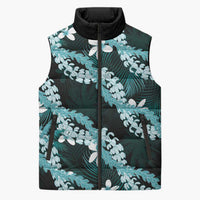 Puakenikeni Maile Lei Sleeveless Puffer Jacket Frangipani Turquoise Tropical Leaves