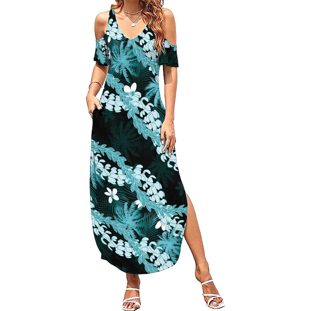 Puakenikeni Maile Lei Summer Maxi Dress Frangipani Turquoise Tropical Leaves