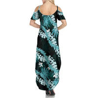 Puakenikeni Maile Lei Summer Maxi Dress Frangipani Turquoise Tropical Leaves LT01 - Polynesian Pride