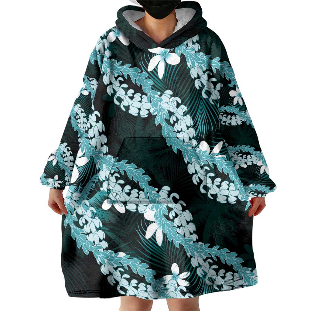 Puakenikeni Maile Lei Wearable Blanket Hoodie Frangipani Turquoise Tropical Leaves LT01 - Polynesian Pride
