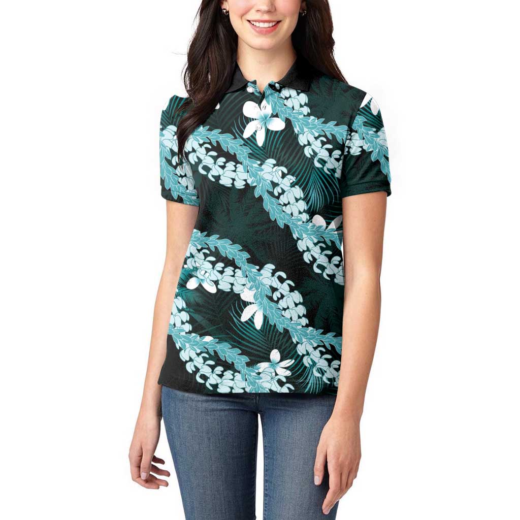 Puakenikeni Maile Lei Women Polo Shirt Frangipani Turquoise Tropical Leaves LT01 - Polynesian Pride