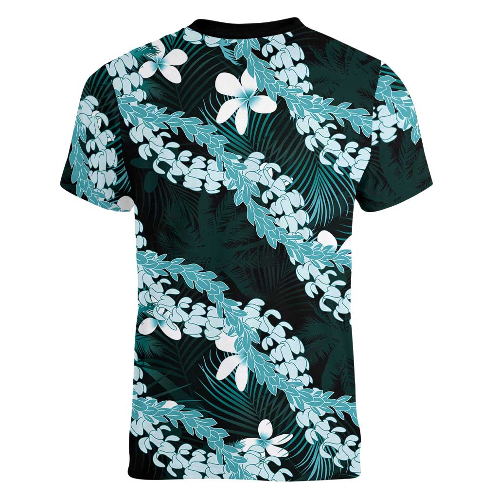 Puakenikeni Maile Lei Women V-Neck T-Shirt Frangipani Turquoise Tropical Leaves