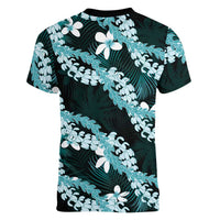 Puakenikeni Maile Lei Women V-Neck T-Shirt Frangipani Turquoise Tropical Leaves