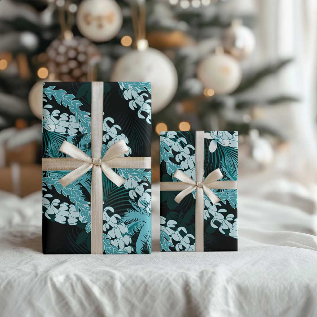 Puakenikeni Maile Lei Wrapping Paper Frangipani Turquoise Tropical Leaves