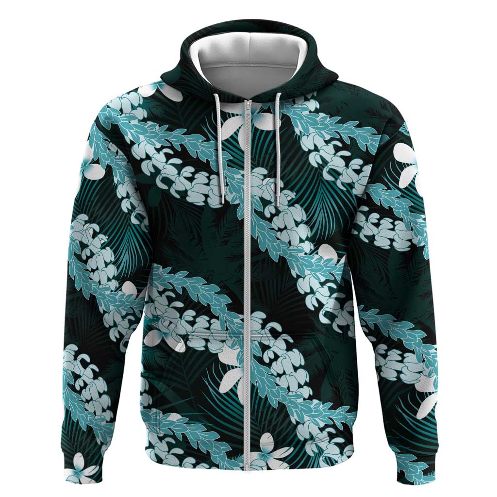 Puakenikeni Maile Lei Zip Hoodie Frangipani Turquoise Tropical Leaves
