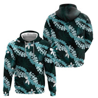 Puakenikeni Maile Lei Zip Hoodie Frangipani Turquoise Tropical Leaves LT01 - Polynesian Pride