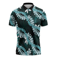 Puakenikeni Maile Lei Zipper Polo Shirt Frangipani Turquoise Tropical Leaves LT01 Turquoise - Polynesian Pride