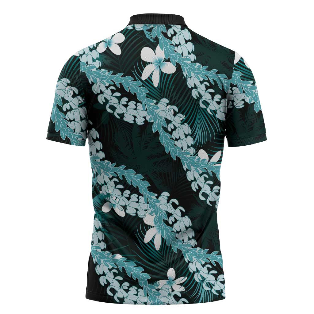 Puakenikeni Maile Lei Zipper Polo Shirt Frangipani Turquoise Tropical Leaves LT01 - Polynesian Pride
