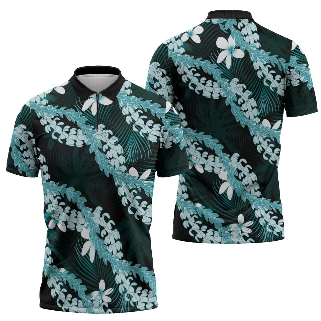 Puakenikeni Maile Lei Zipper Polo Shirt Frangipani Turquoise Tropical Leaves LT01 - Polynesian Pride