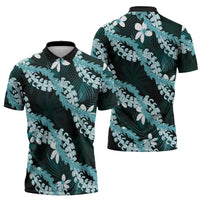 Puakenikeni Maile Lei Zipper Polo Shirt Frangipani Turquoise Tropical Leaves LT01 - Polynesian Pride