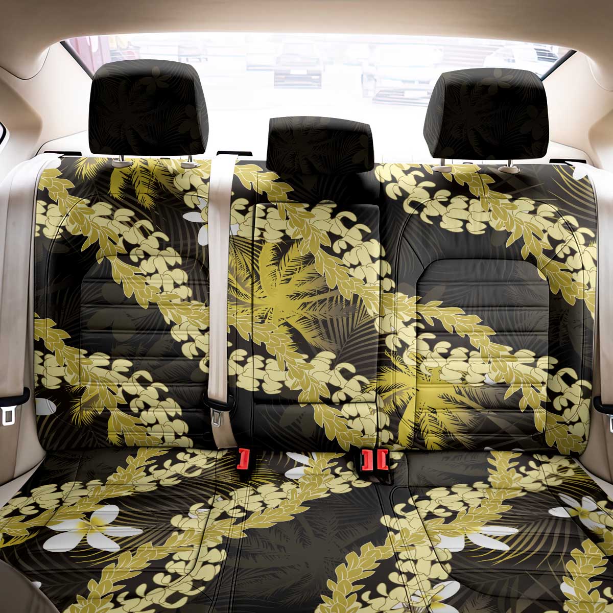 Puakenikeni Maile Lei Back Car Seat Cover Frangipani Yellow Tropical Leaves LT01 - Polynesian Pride