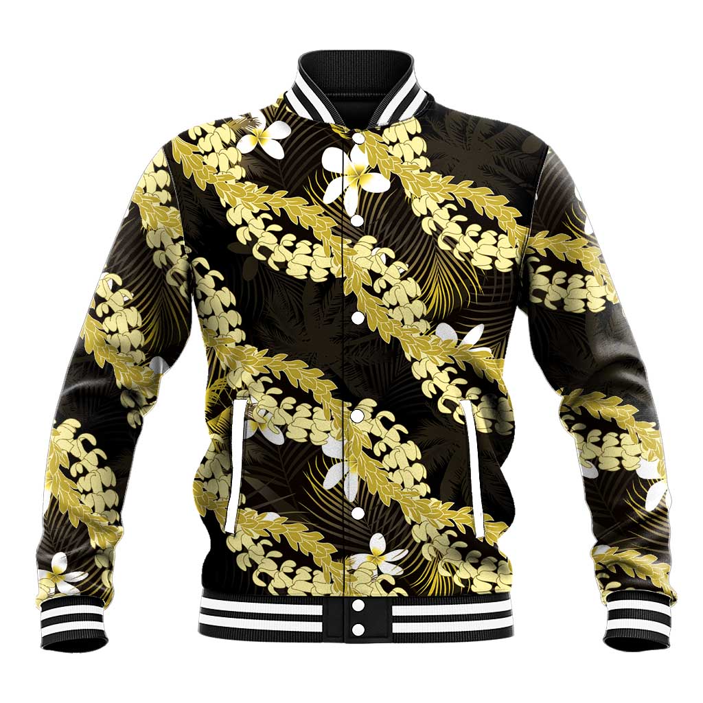 Puakenikeni Maile Lei Baseball Jacket Frangipani Yellow Tropical Leaves