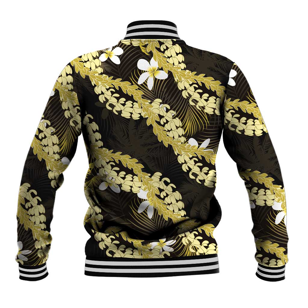 Puakenikeni Maile Lei Baseball Jacket Frangipani Yellow Tropical Leaves