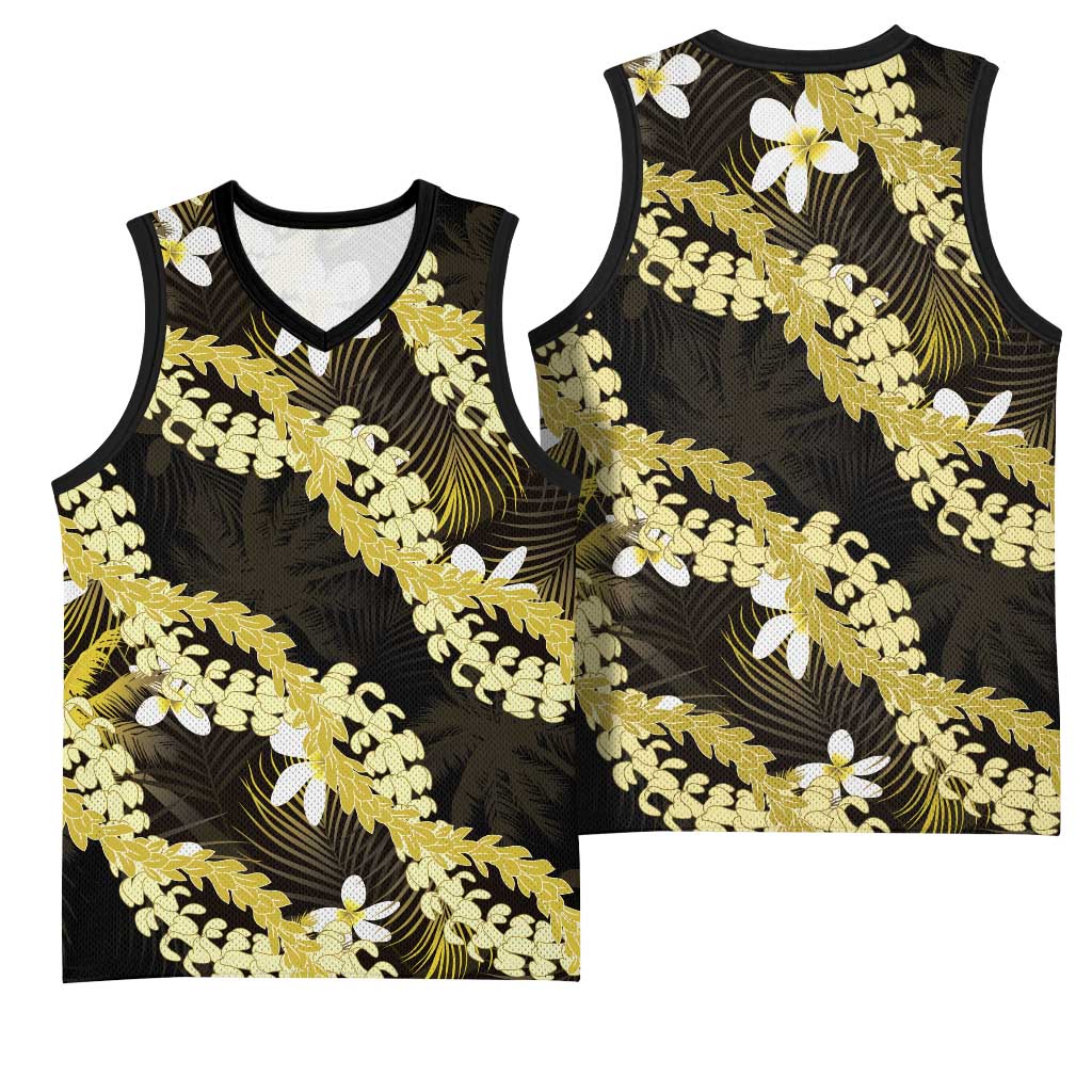 Puakenikeni Maile Lei Basketball Jersey Frangipani Yellow Tropical Leaves