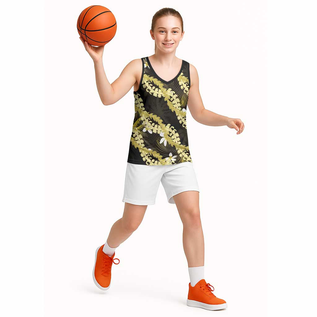 Puakenikeni Maile Lei Basketball Jersey Frangipani Yellow Tropical Leaves