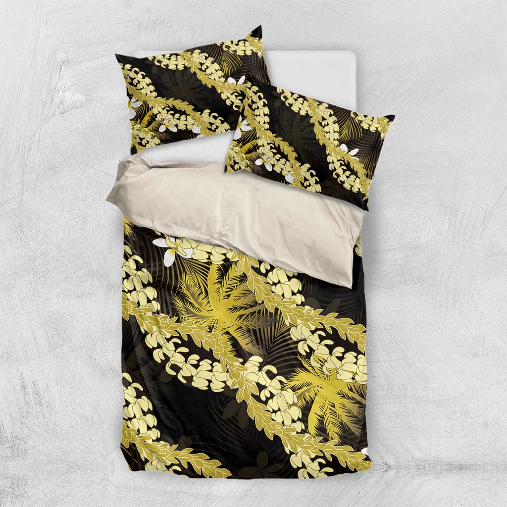 Puakenikeni Maile Lei Bedding Set Frangipani Yellow Tropical Leaves