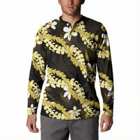 Puakenikeni Maile Lei Button Sweatshirt Frangipani Yellow Tropical Leaves