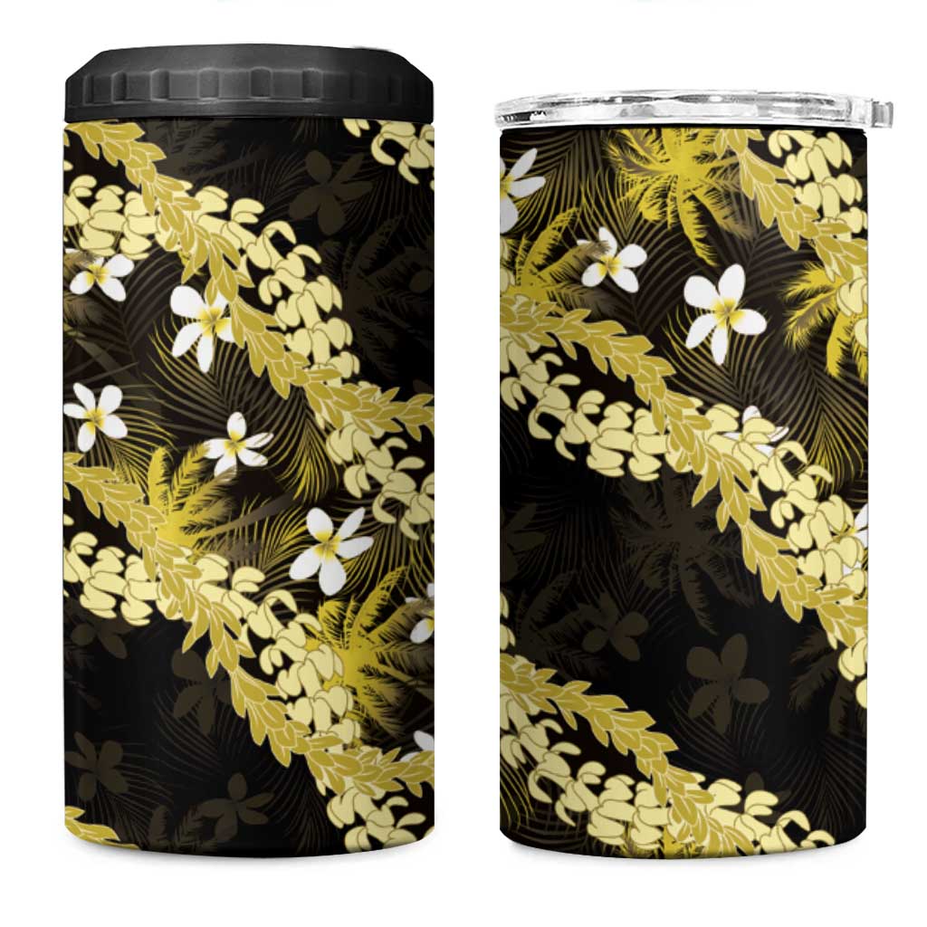 Puakenikeni Maile Lei 4 in 1 Can Cooler Tumbler Frangipani Yellow Tropical Leaves