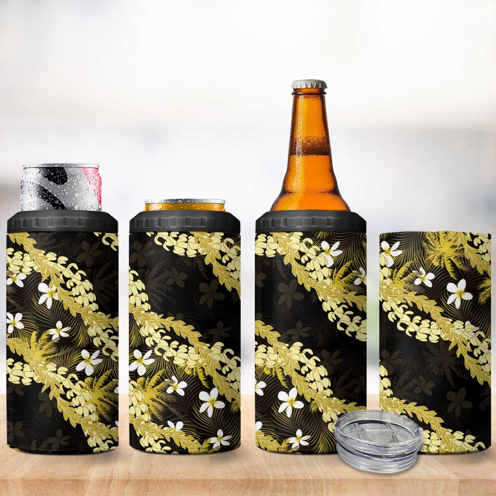Puakenikeni Maile Lei 4 in 1 Can Cooler Tumbler Frangipani Yellow Tropical Leaves LT01 - Polynesian Pride
