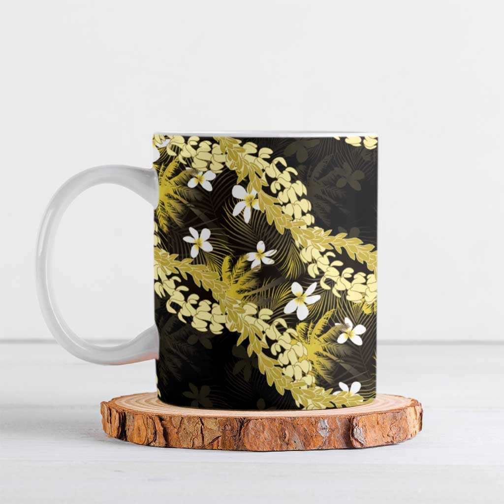 Puakenikeni Maile Lei Ceramic Mug Frangipani Yellow Tropical Leaves