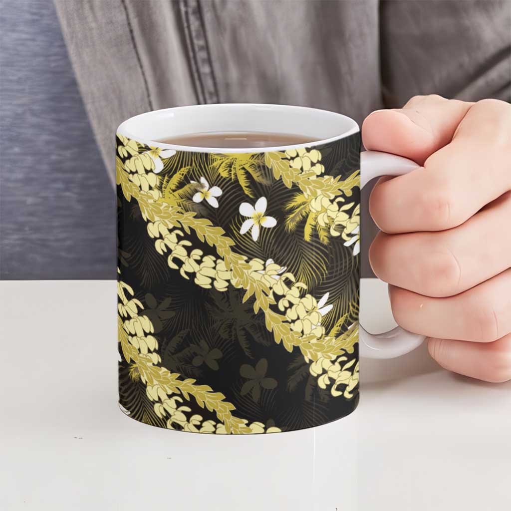 Puakenikeni Maile Lei Ceramic Mug Frangipani Yellow Tropical Leaves