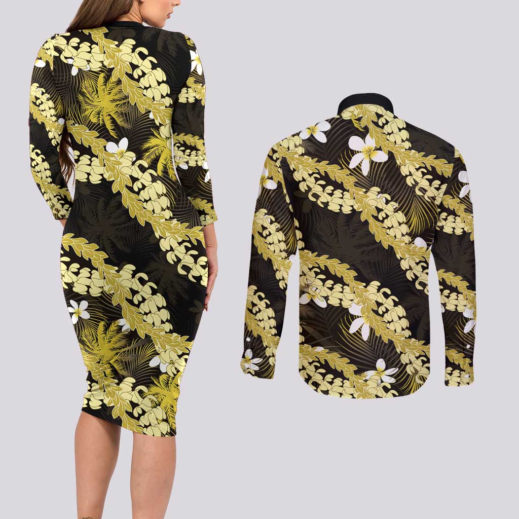 Puakenikeni Maile Lei Couples Matching Long Sleeve Bodycon Dress and Long Sleeve Button Shirt Frangipani Yellow Tropical Leaves