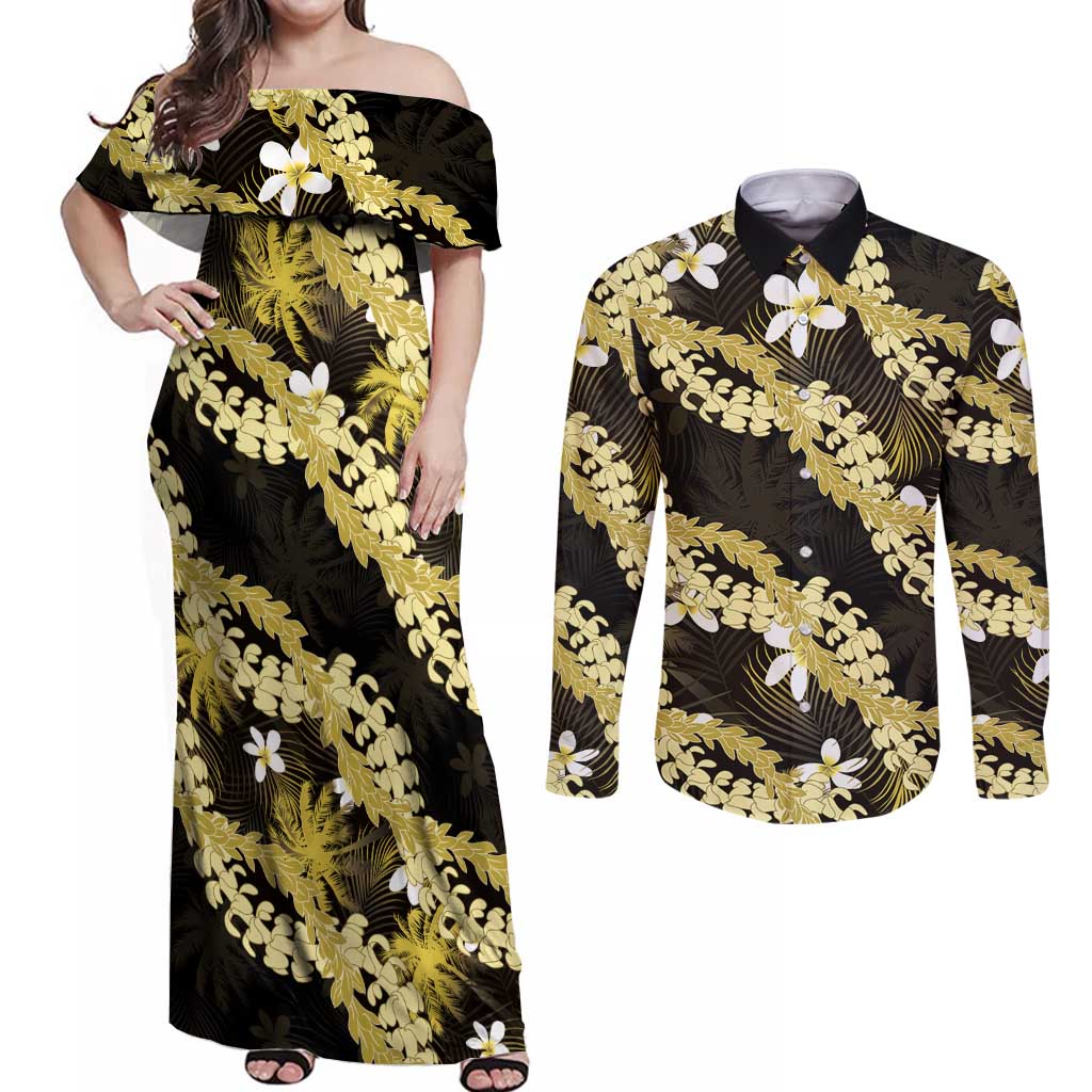 Puakenikeni Maile Lei Couples Matching Off Shoulder Maxi Dress and Long Sleeve Button Shirt Frangipani Yellow Tropical Leaves